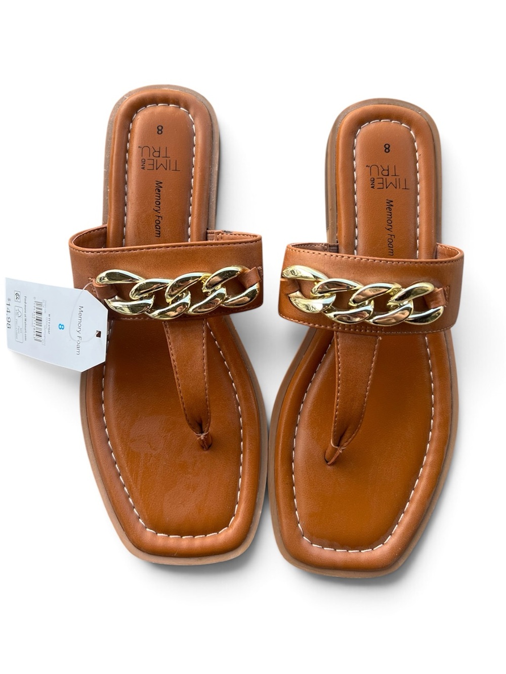 Time and Tru Tan Thong Sandals with Gold Chain Accent